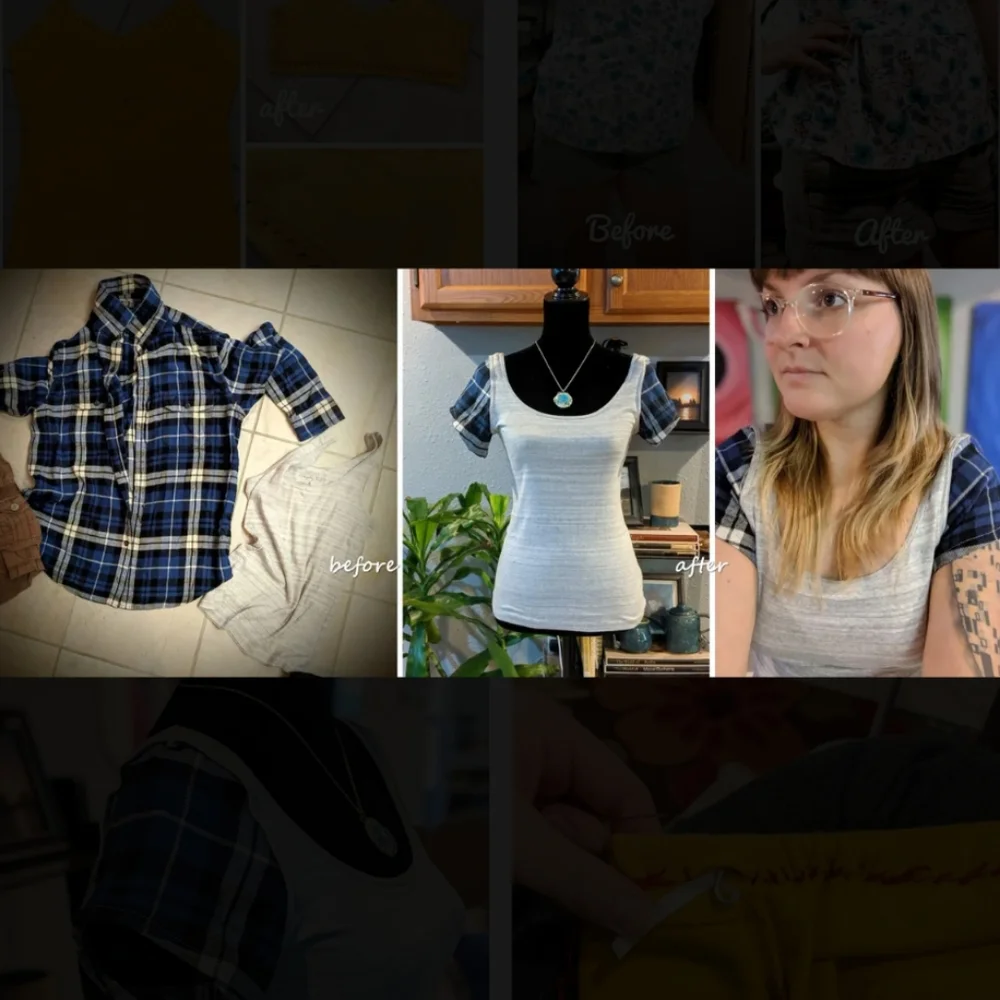 Upcycled tee with flannel sleeves - Picture 2 of 7
